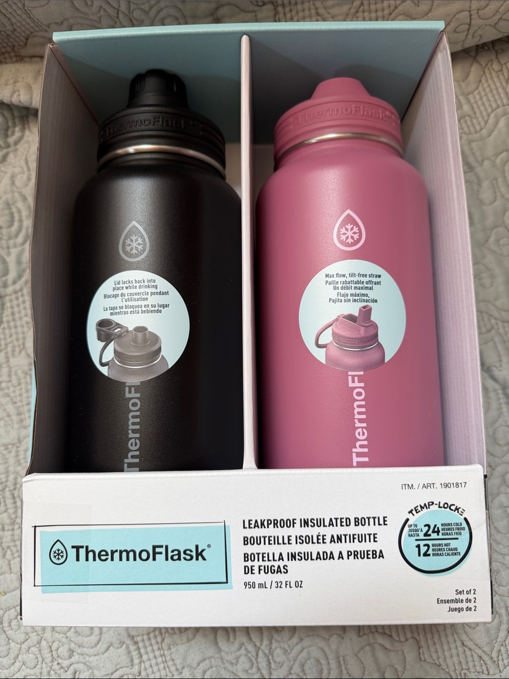 ThermoFlask Leakproof Insulated Water Bottle Set - Black & Pink